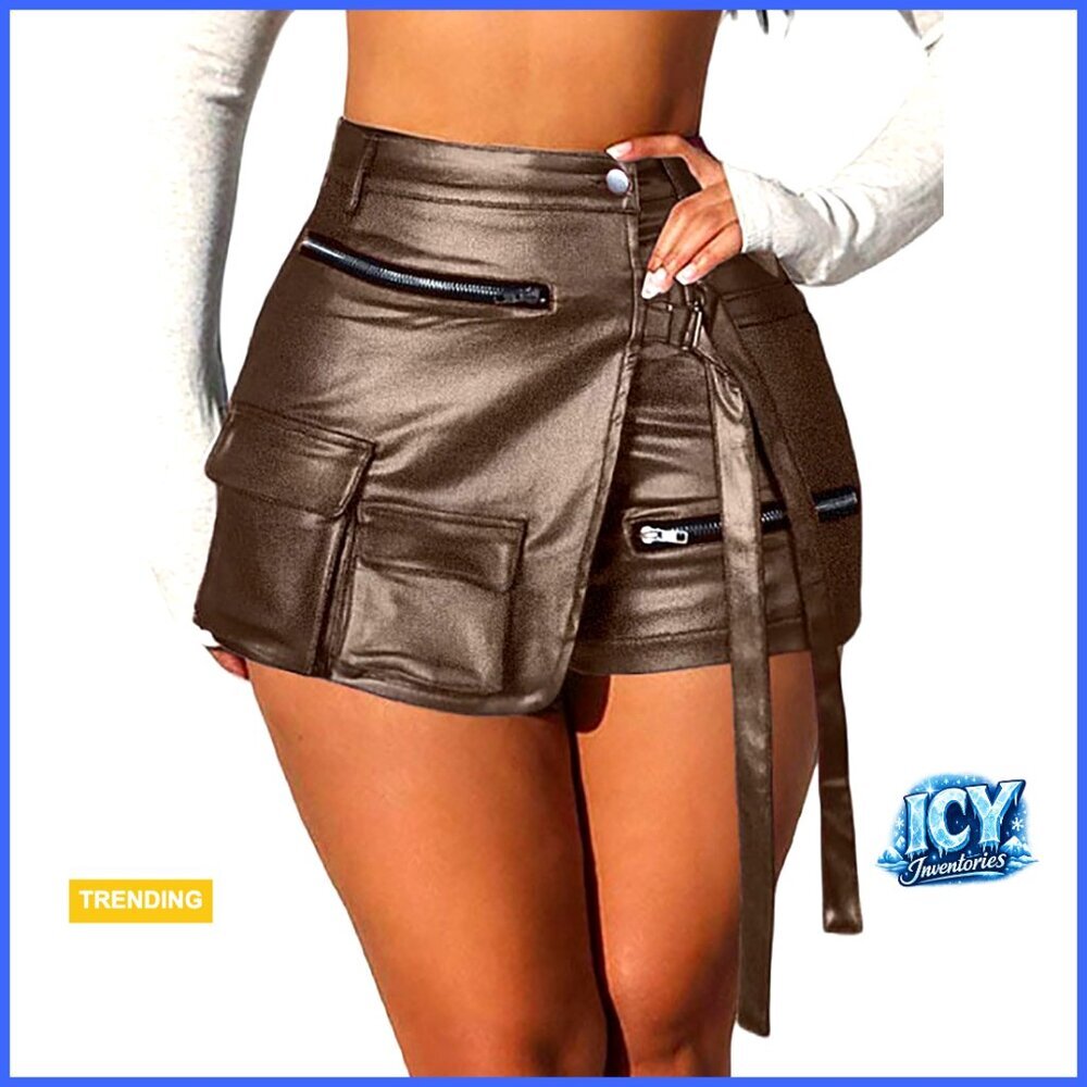 Metallic High Waisted Cargo Skort Faux Leather Shorts Rave Party